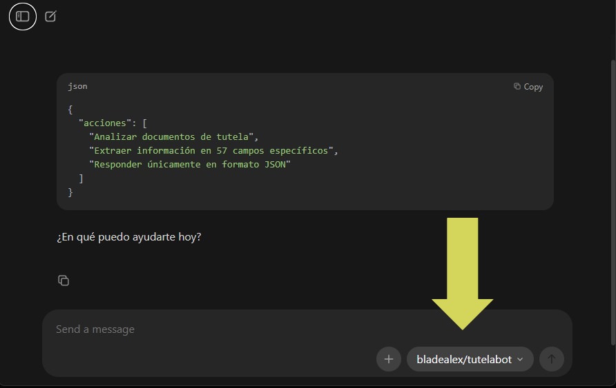 TutelaBot al iniciar en Ollama — el modelo declara sus capacidades: analizar tutelas, extraer 57 campos y responder solo en JSON