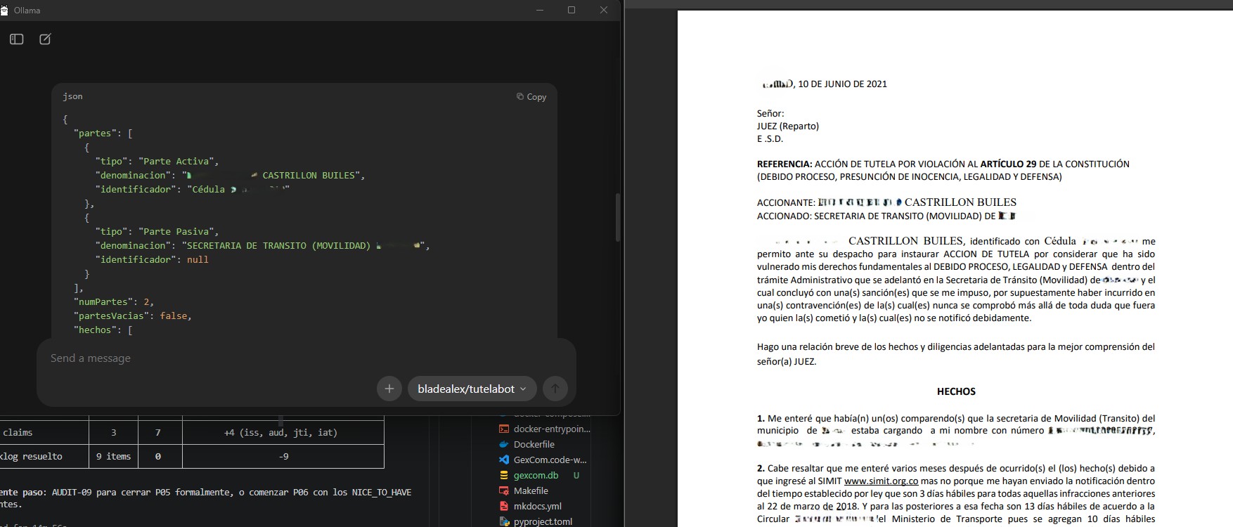Vista dividida: JSON con las partes procesales extraídas (accionante y accionado) junto al texto original de la tutela sobre violación al artículo 29