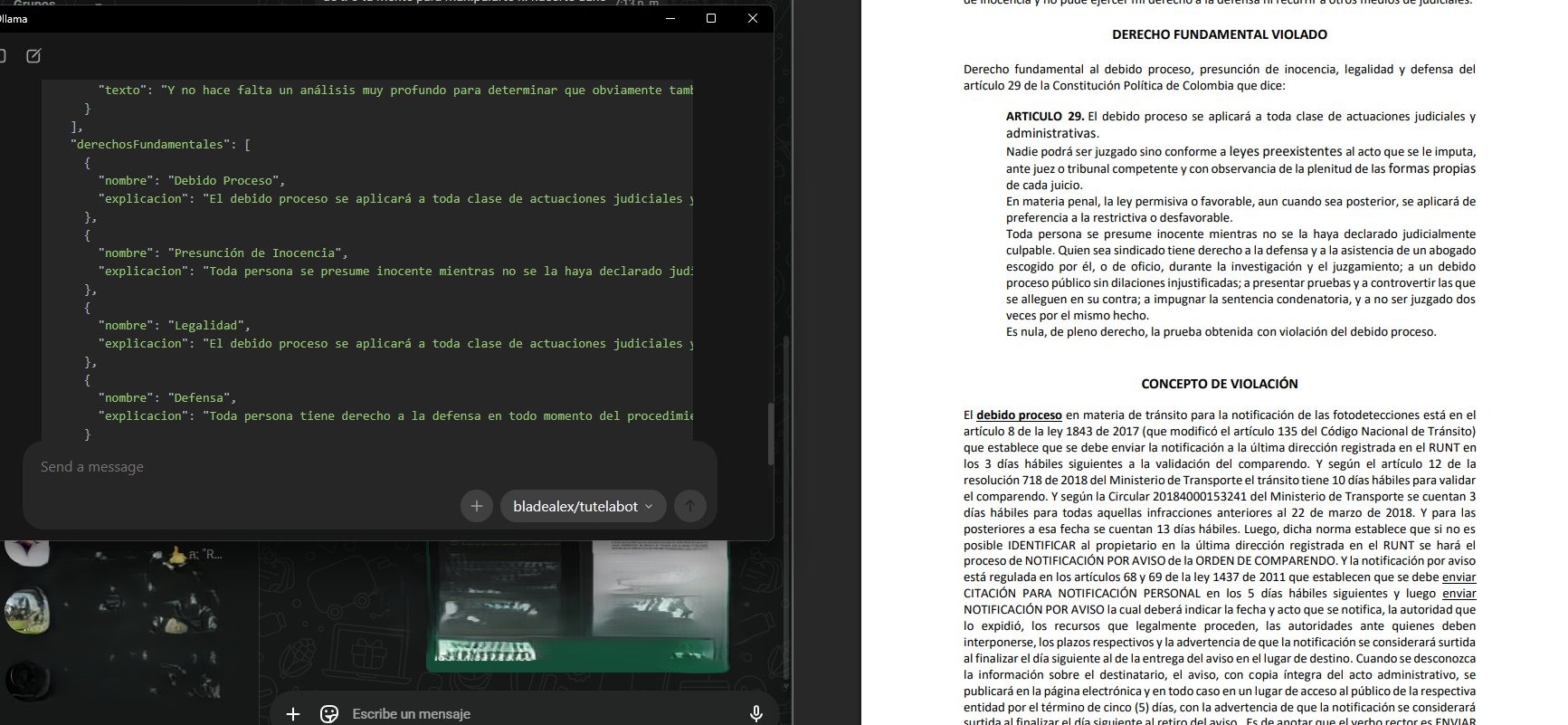 JSON con los derechos constitucionales identificados y definidos — debido proceso, presunción de inocencia, legalidad y defensa — comparado con el concepto de violación del documento original