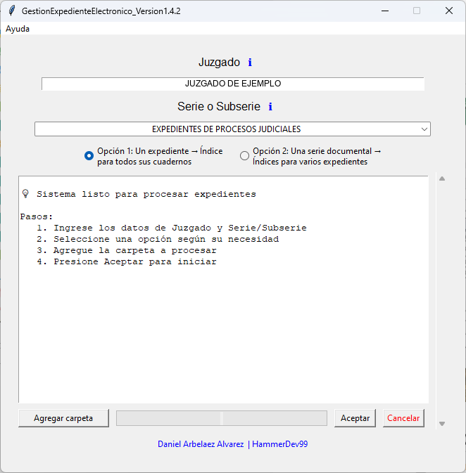 Interfaz de AgilEx en la versión 1.4.2, con un despacho de ejemplo en el campo Juzgado